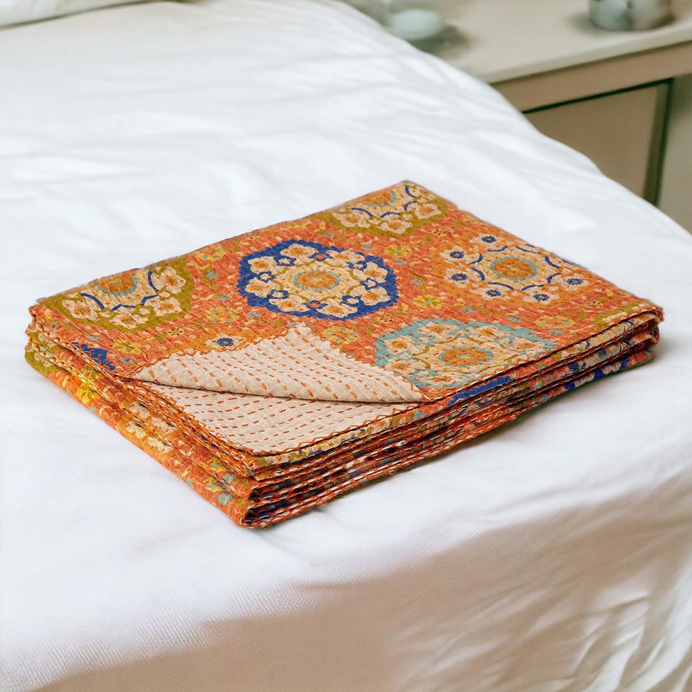 50" X 70" Blue Kantha Cotton Floral Throw Blanket with Embroidery HomeRoots