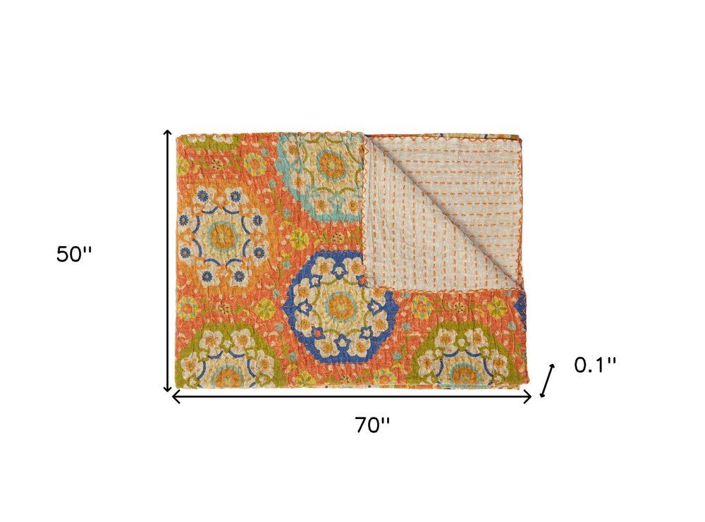 50" X 70" Blue Kantha Cotton Floral Throw Blanket with Embroidery HomeRoots