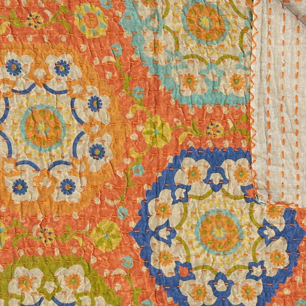 50" X 70" Blue Kantha Cotton Floral Throw Blanket with Embroidery HomeRoots