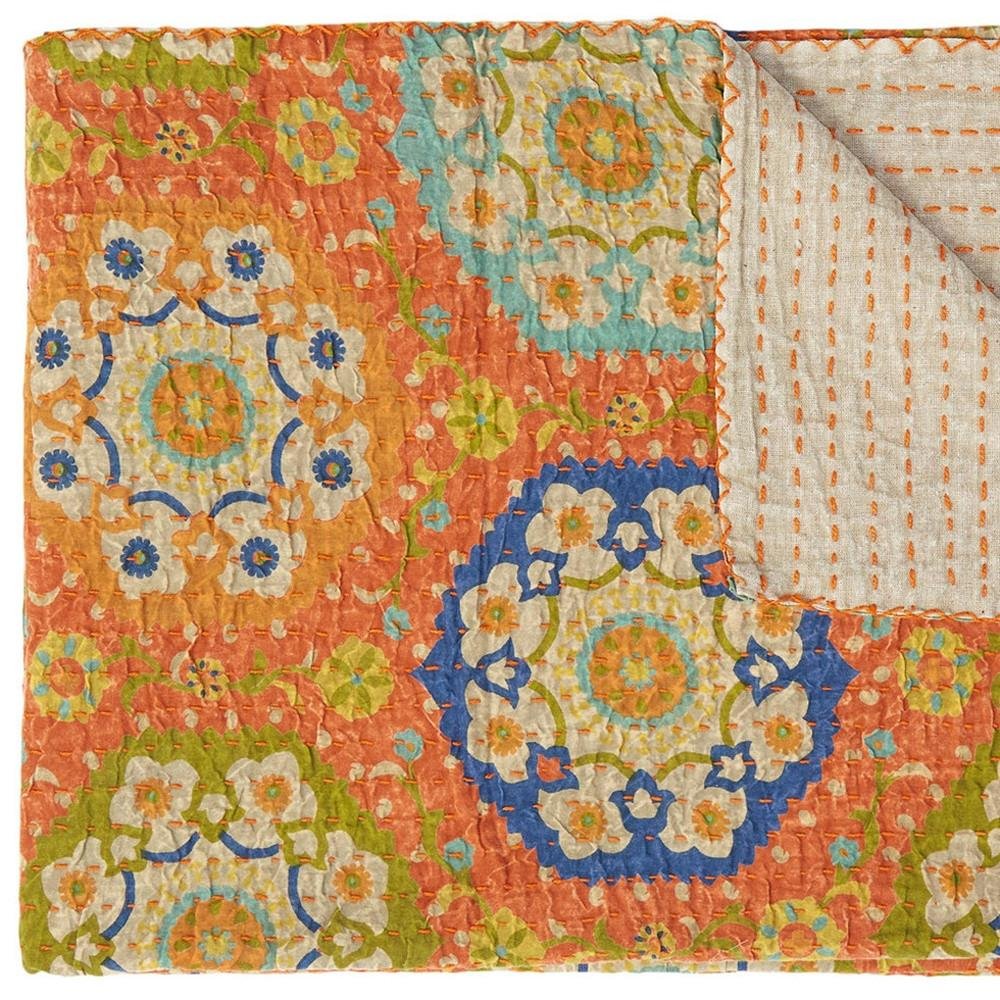 50" X 70" Blue Kantha Cotton Floral Throw Blanket with Embroidery HomeRoots