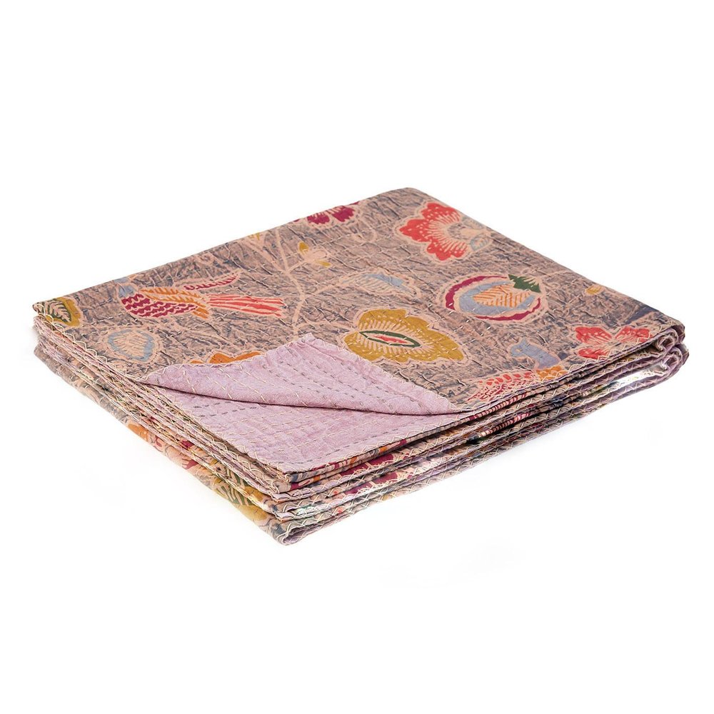 50" X 70" Gray and Pink Kantha Cotton Floral Throw Blanket with Embroidery HomeRoots