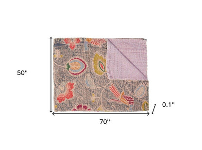 50" X 70" Gray and Pink Kantha Cotton Floral Throw Blanket with Embroidery HomeRoots
