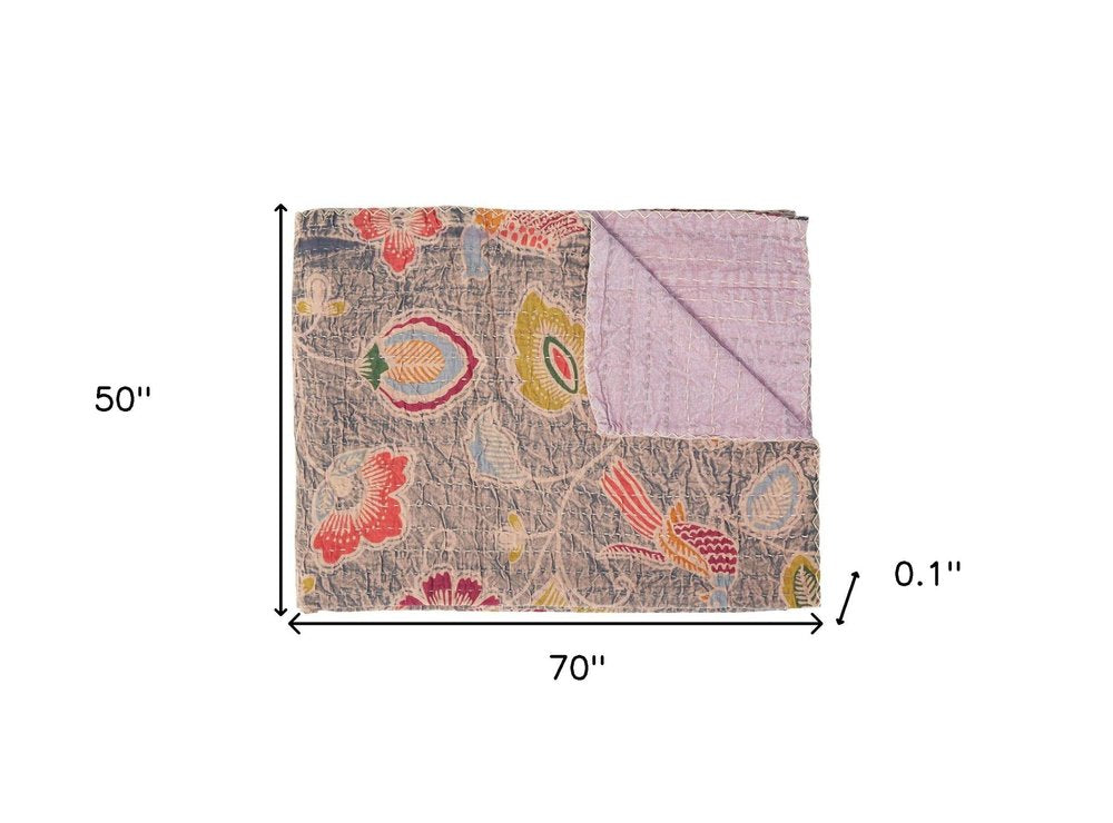50" X 70" Gray and Pink Kantha Cotton Floral Throw Blanket with Embroidery HomeRoots