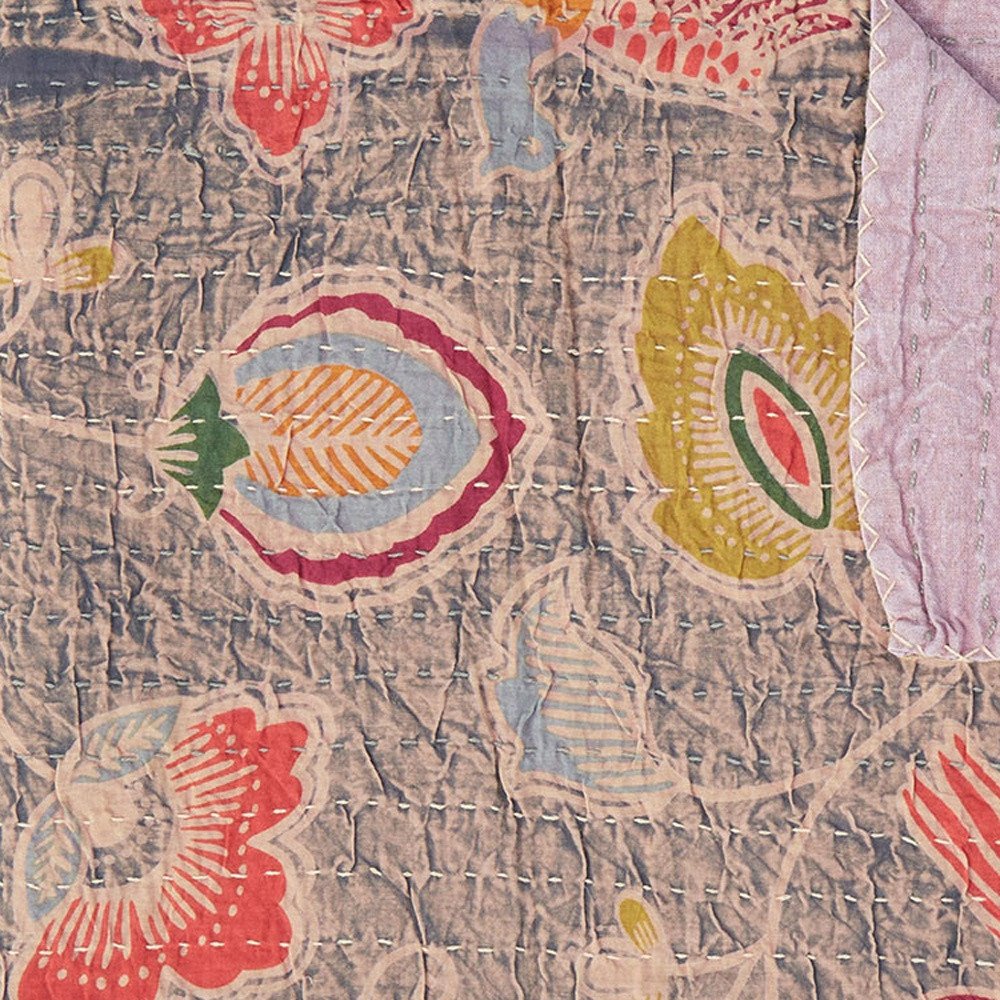 50" X 70" Gray and Pink Kantha Cotton Floral Throw Blanket with Embroidery HomeRoots