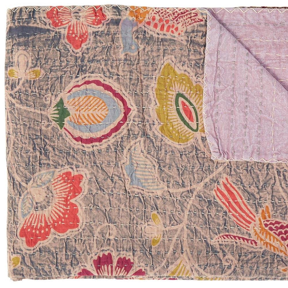50" X 70" Gray and Pink Kantha Cotton Floral Throw Blanket with Embroidery HomeRoots