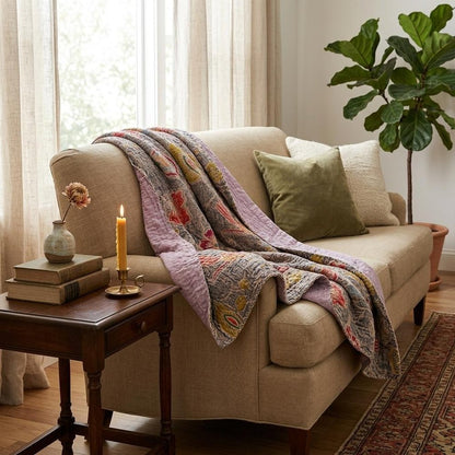 50" X 70" Gray and Pink Kantha Cotton Floral Throw Blanket with Embroidery HomeRoots