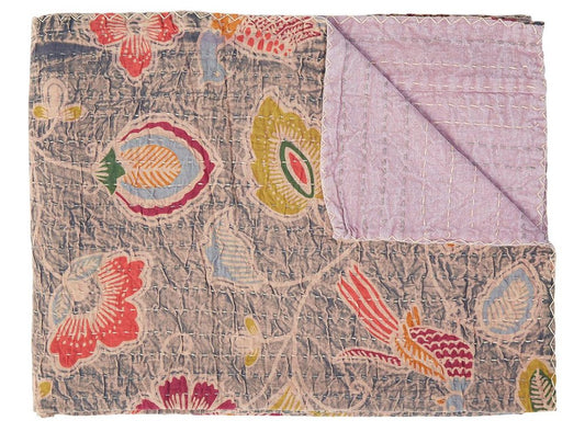 50" X 70" Gray and Pink Kantha Cotton Floral Throw Blanket with Embroidery HomeRoots