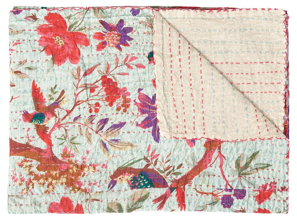 50" X 70" Gray and Pink Kantha Cotton Floral Throw Blanket with Embroidery HomeRoots