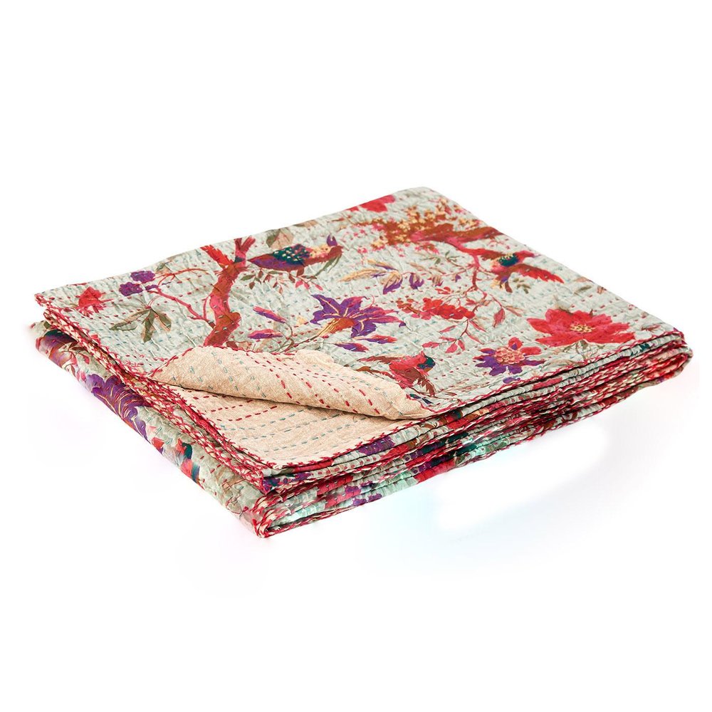 50" X 70" Gray and Pink Kantha Cotton Floral Throw Blanket with Embroidery HomeRoots