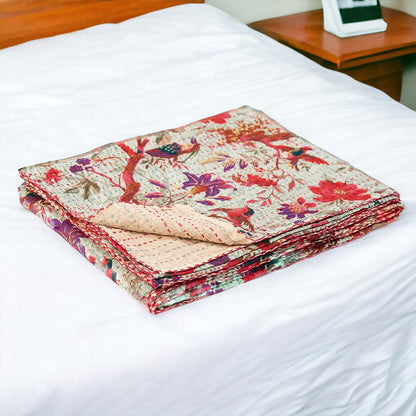 50" X 70" Gray and Pink Kantha Cotton Floral Throw Blanket with Embroidery HomeRoots