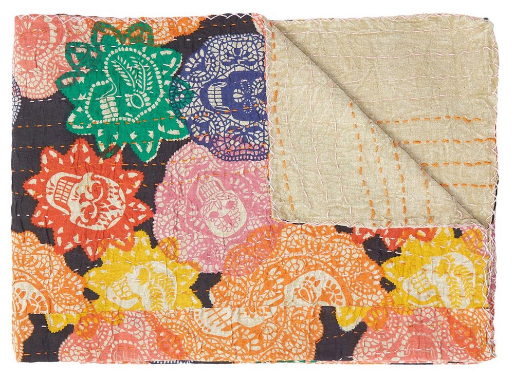50" X 70" Black Green Red and Pink Kantha Cotton Patchwork Throw Blanket with Embroidery HomeRoots