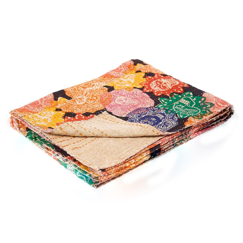 50" X 70" Black Green Red and Pink Kantha Cotton Patchwork Throw Blanket with Embroidery HomeRoots