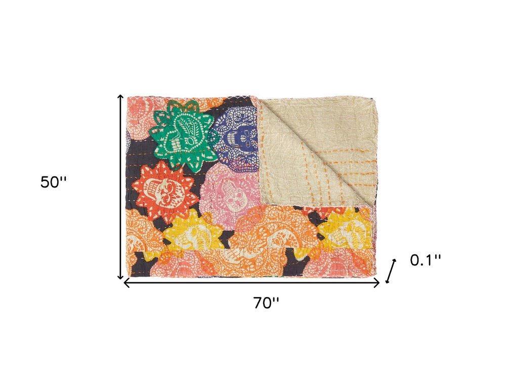 50" X 70" Black Green Red and Pink Kantha Cotton Patchwork Throw Blanket with Embroidery HomeRoots