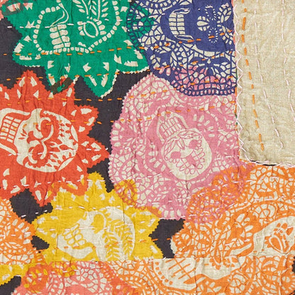 50" X 70" Black Green Red and Pink Kantha Cotton Patchwork Throw Blanket with Embroidery HomeRoots