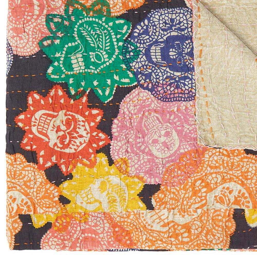 50" X 70" Black Green Red and Pink Kantha Cotton Patchwork Throw Blanket with Embroidery — view 4