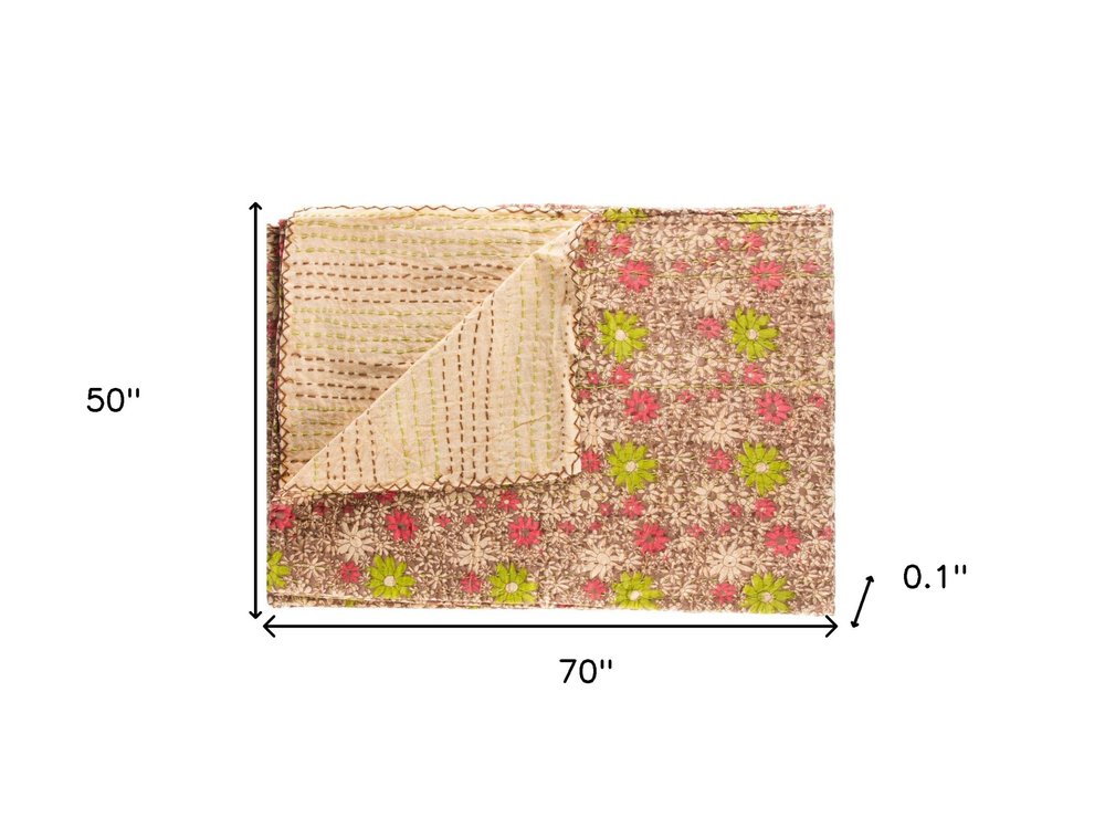 50" X 70" Maroon Yellow and Green Kantha Cotton Floral Throw Blanket with Embroidery HomeRoots