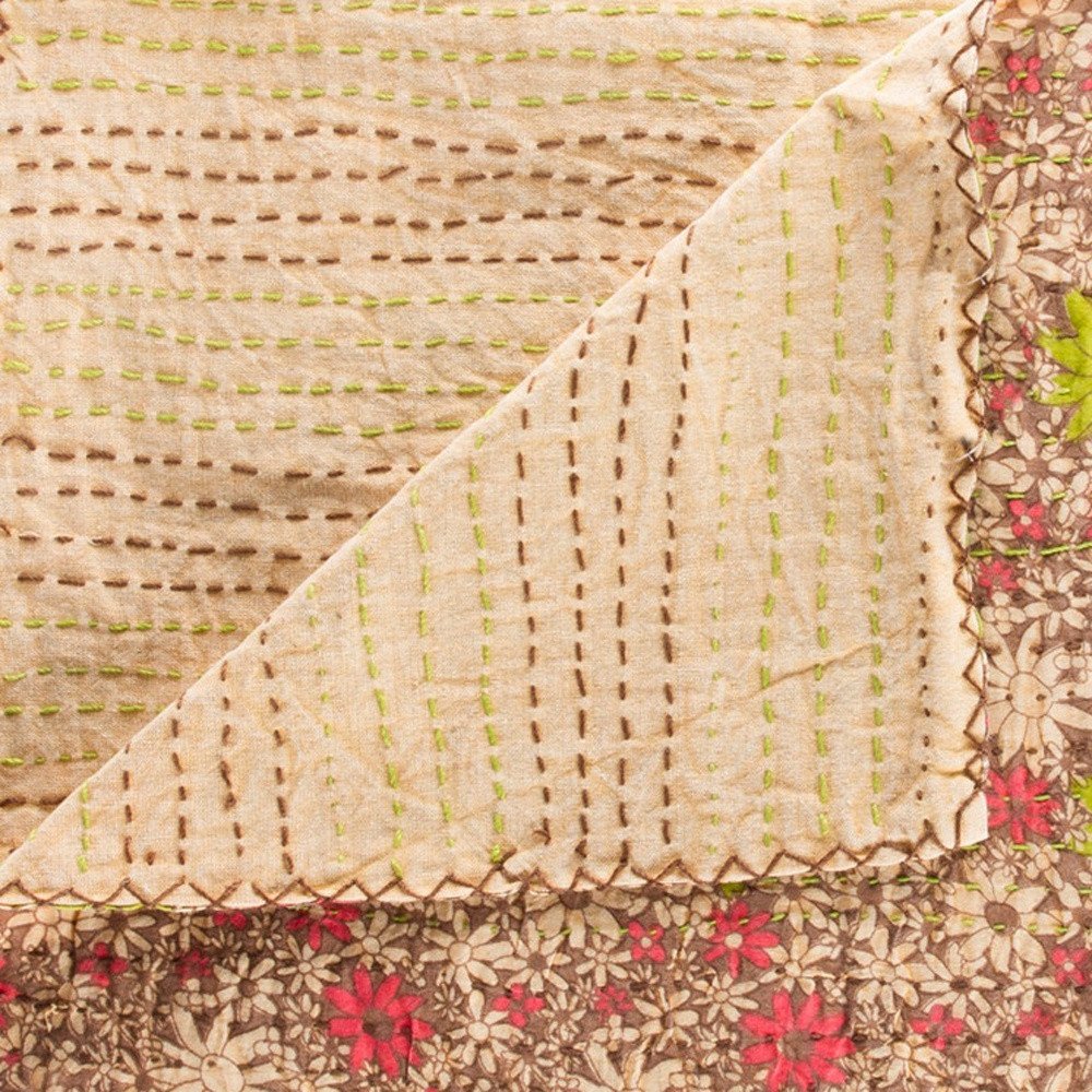 50" X 70" Maroon Yellow and Green Kantha Cotton Floral Throw Blanket with Embroidery HomeRoots