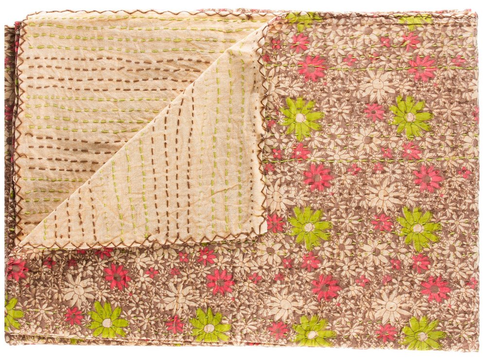 50" X 70" Maroon Yellow and Green Kantha Cotton Floral Throw Blanket with Embroidery HomeRoots