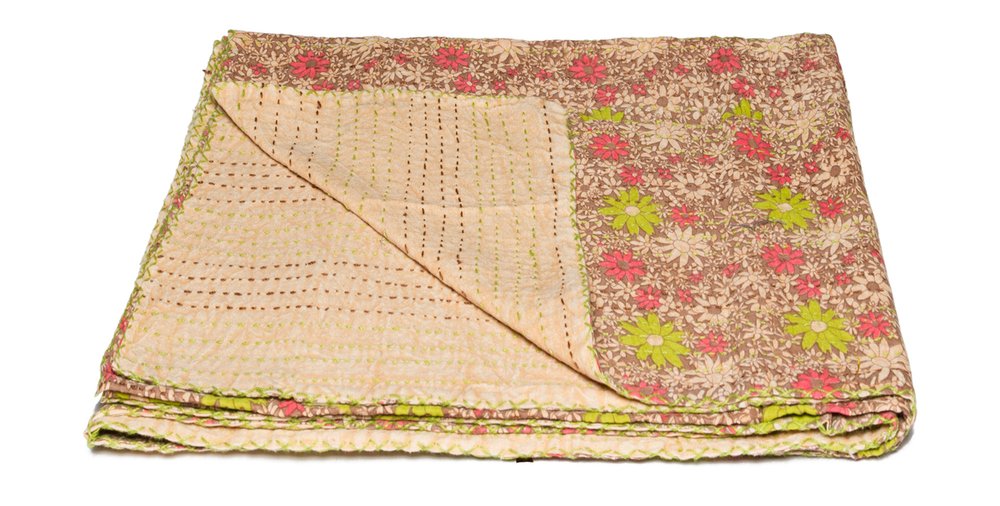 50" X 70" Maroon Yellow and Green Kantha Cotton Floral Throw Blanket with Embroidery HomeRoots