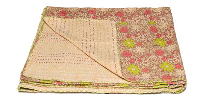 50" X 70" Maroon Yellow and Green Kantha Cotton Floral Throw Blanket with Embroidery HomeRoots