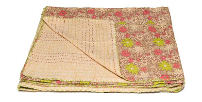 50" X 70" Orange Blue and Yellow Cotton Kantha Patchwork with Embroidery HomeRoots
