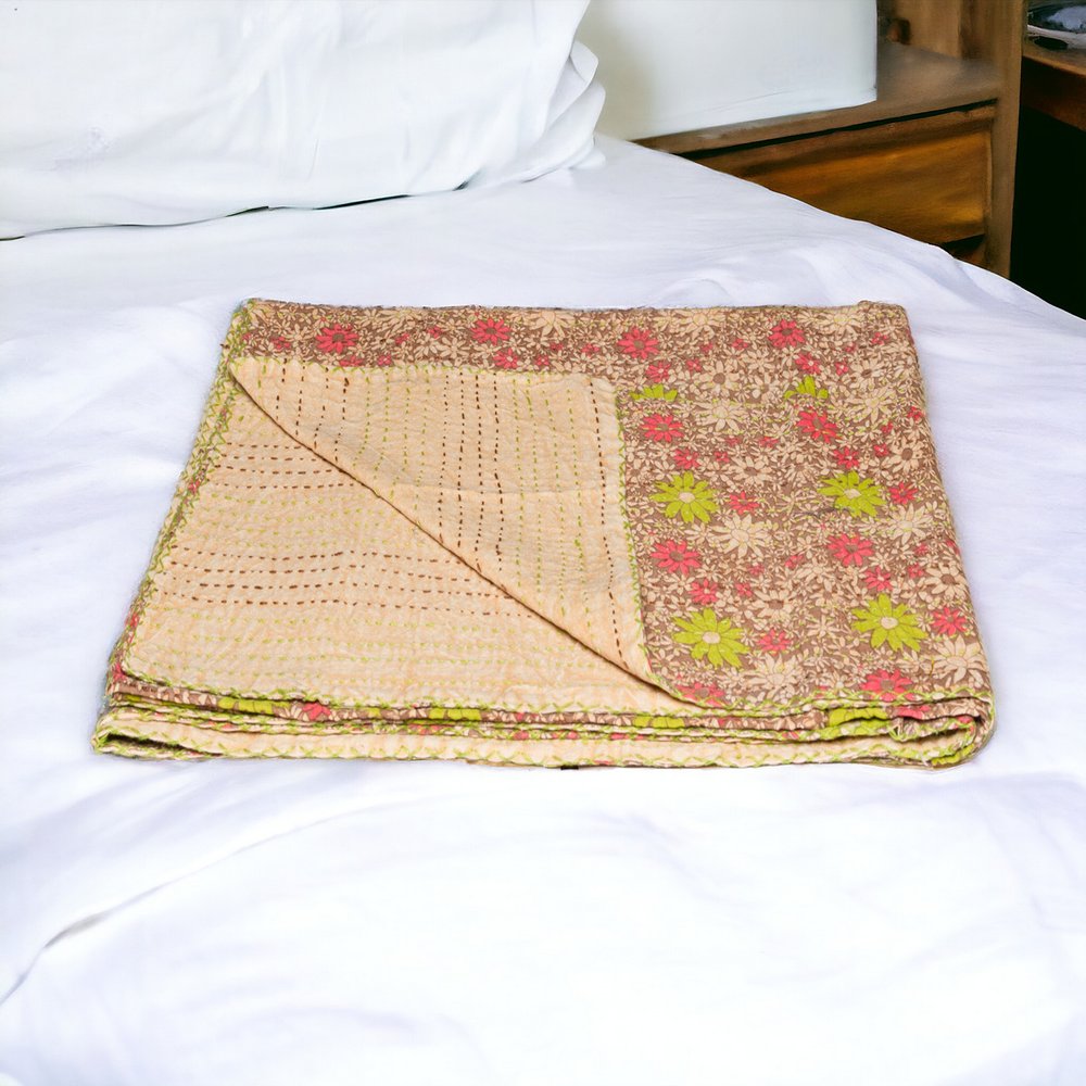 50" X 70" Maroon Yellow and Green Kantha Cotton Floral Throw Blanket with Embroidery HomeRoots