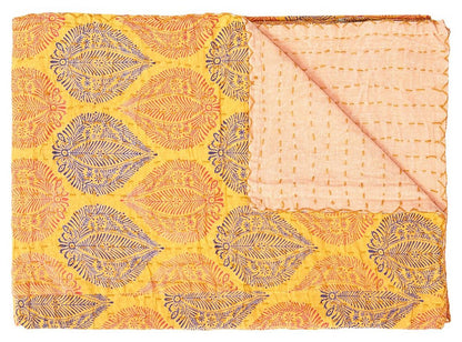 50" X 70" Maroon Yellow and Green Kantha Cotton Floral Throw Blanket with Embroidery HomeRoots