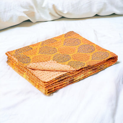 70" X 50" Yellow and Peach Kantha Cotton Patchwork Throw Blanket with Embroidery