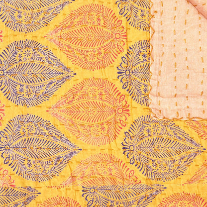 70" X 50" Yellow and Peach Kantha Cotton Patchwork Throw Blanket with Embroidery