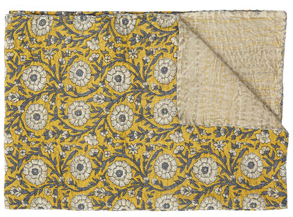 50" X 70" Yellow and Gray Kantha Cotton Floral Throw Blanket
