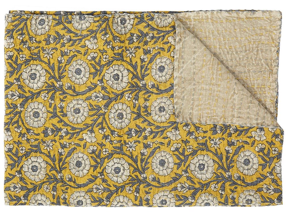 50" X 70" Yellow and Gray Kantha Cotton Floral Throw Blanket HomeRoots