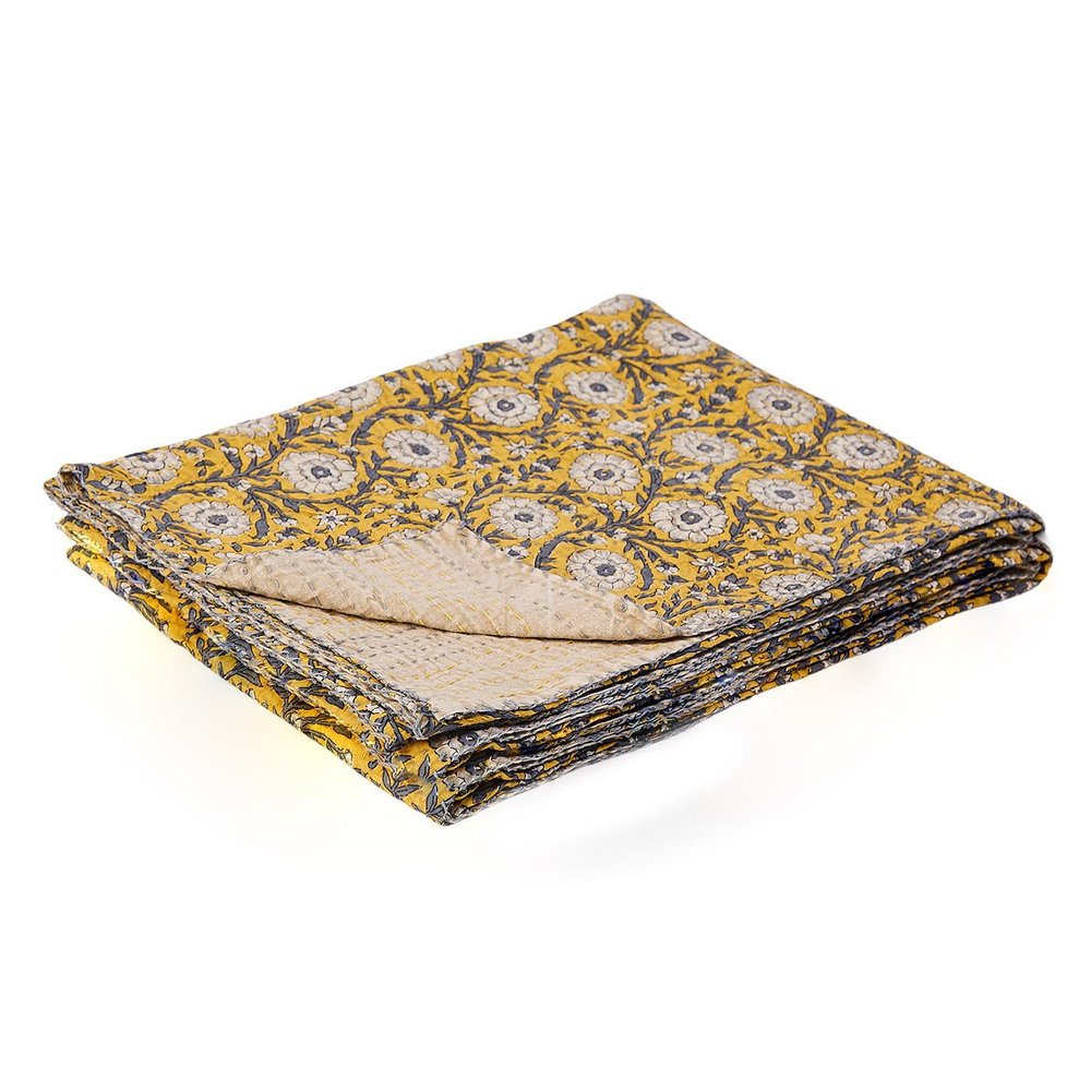 50" X 70" Yellow and Gray Kantha Cotton Floral Throw Blanket HomeRoots