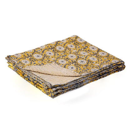 50" X 70" Yellow and Gray Kantha Cotton Floral Throw Blanket HomeRoots