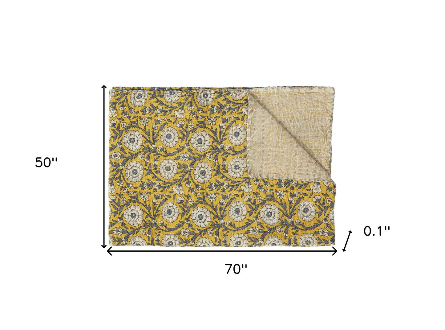 50" X 70" Yellow and Gray Kantha Cotton Floral Throw Blanket