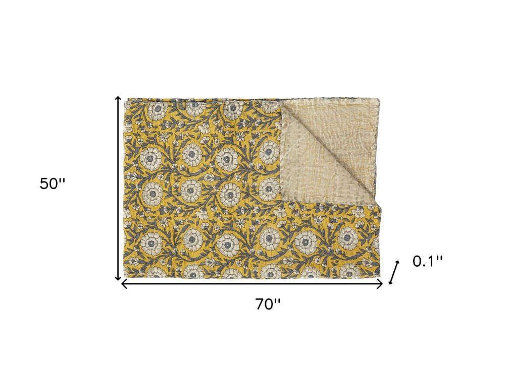 50" X 70" Yellow and Gray Kantha Cotton Floral Throw Blanket HomeRoots