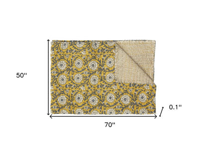 50" X 70" Yellow and Gray Kantha Cotton Floral Throw Blanket HomeRoots