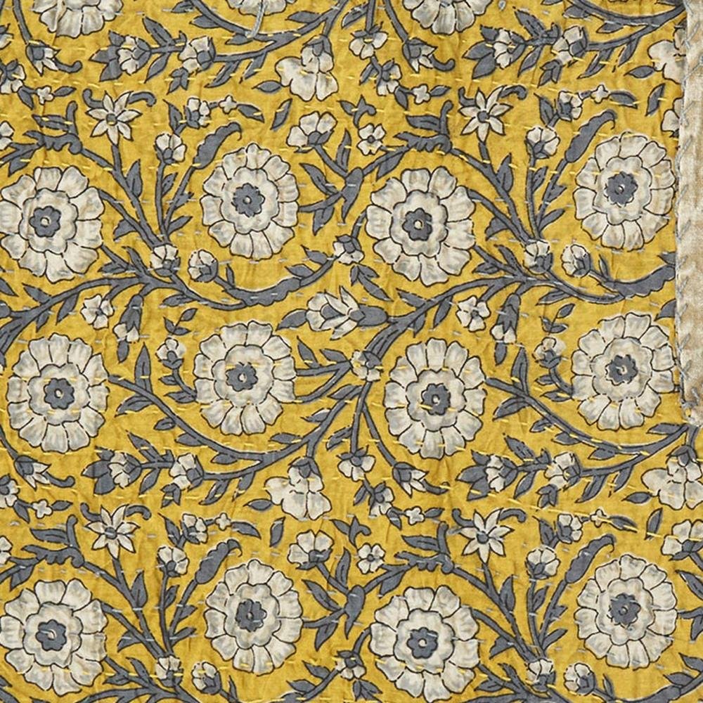50" X 70" Yellow and Gray Kantha Cotton Floral Throw Blanket HomeRoots