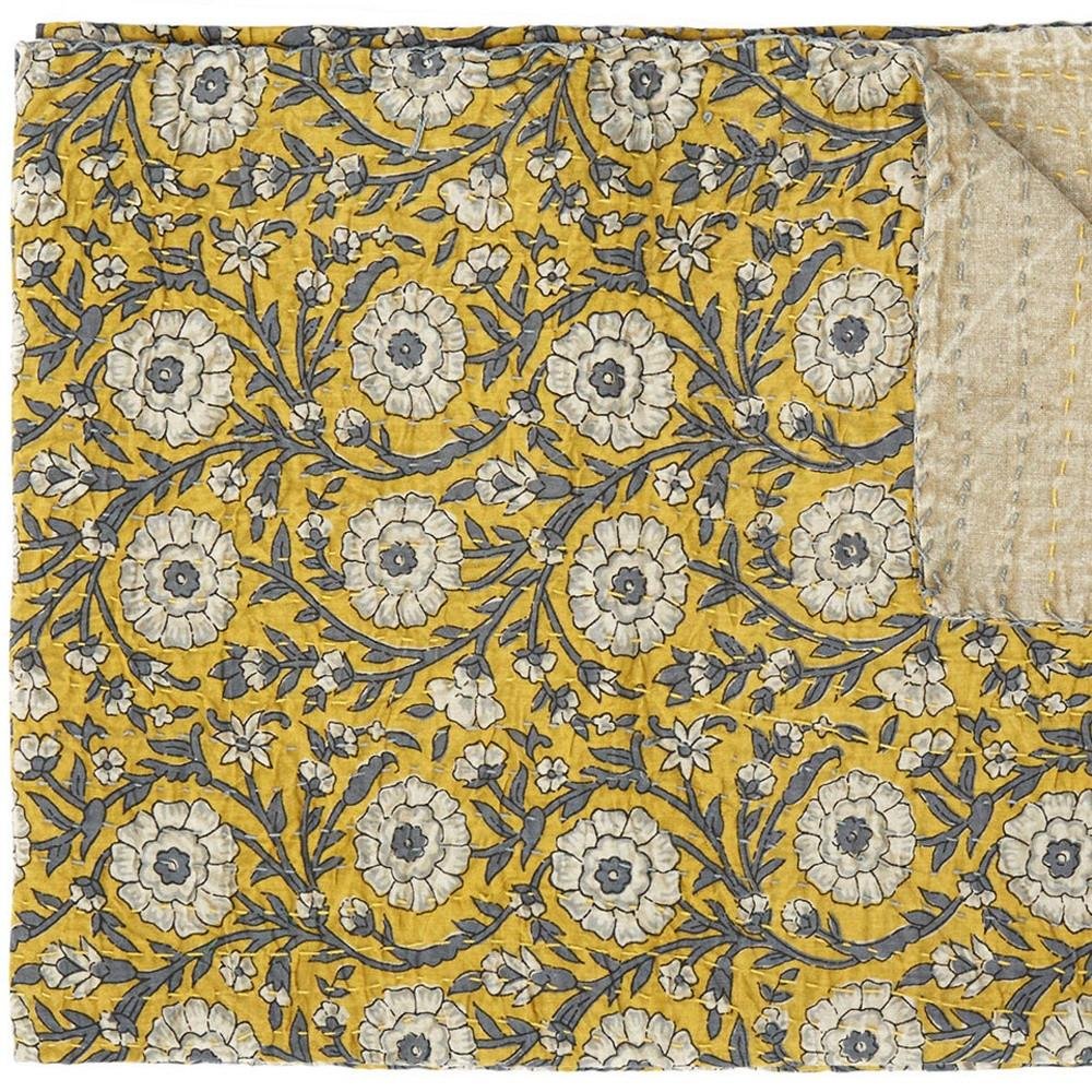 50" X 70" Yellow and Gray Kantha Cotton Floral Throw Blanket HomeRoots