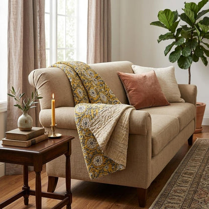 50" X 70" Yellow and Gray Kantha Cotton Floral Throw Blanket HomeRoots
