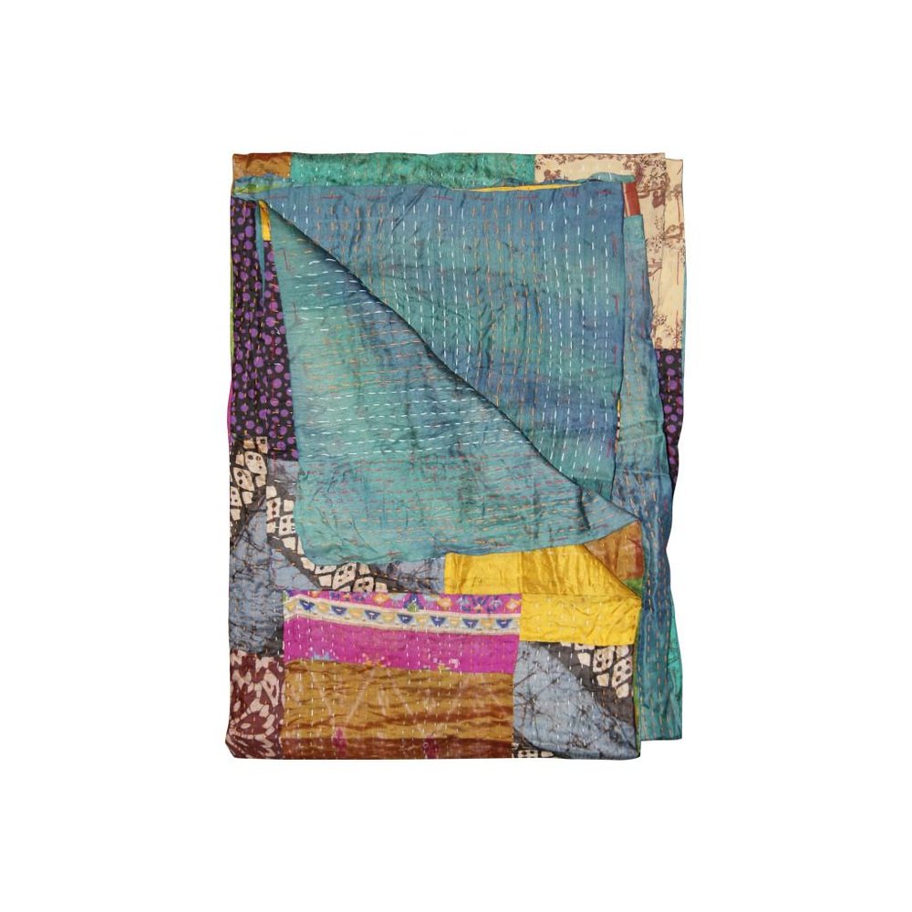 50" X 70" Green and White Quilted Cotton Patchwork Throw Blanket with Embroidery — view 1