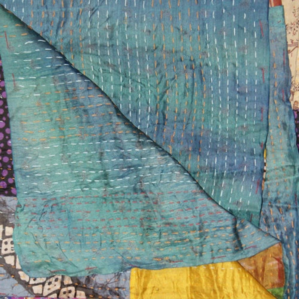 50" X 70" Green and White Quilted Cotton Patchwork Throw Blanket with Embroidery — view 2