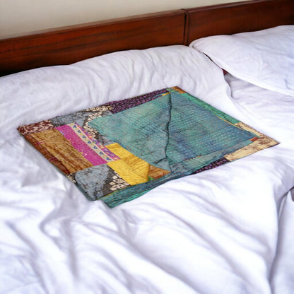 50" X 70" Green and White Quilted Cotton Patchwork Throw Blanket with Embroidery HomeRoots