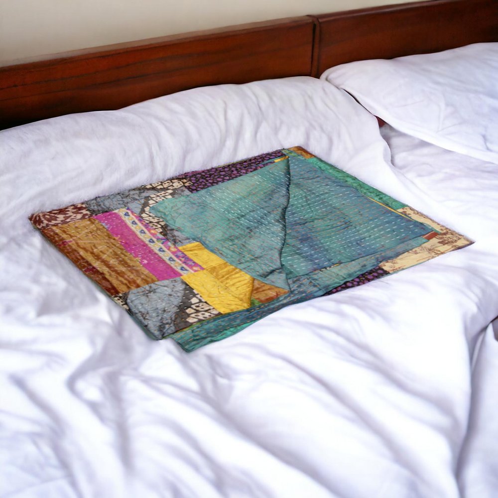 50" X 70" Green and White Quilted Cotton Patchwork Throw Blanket with Embroidery HomeRoots