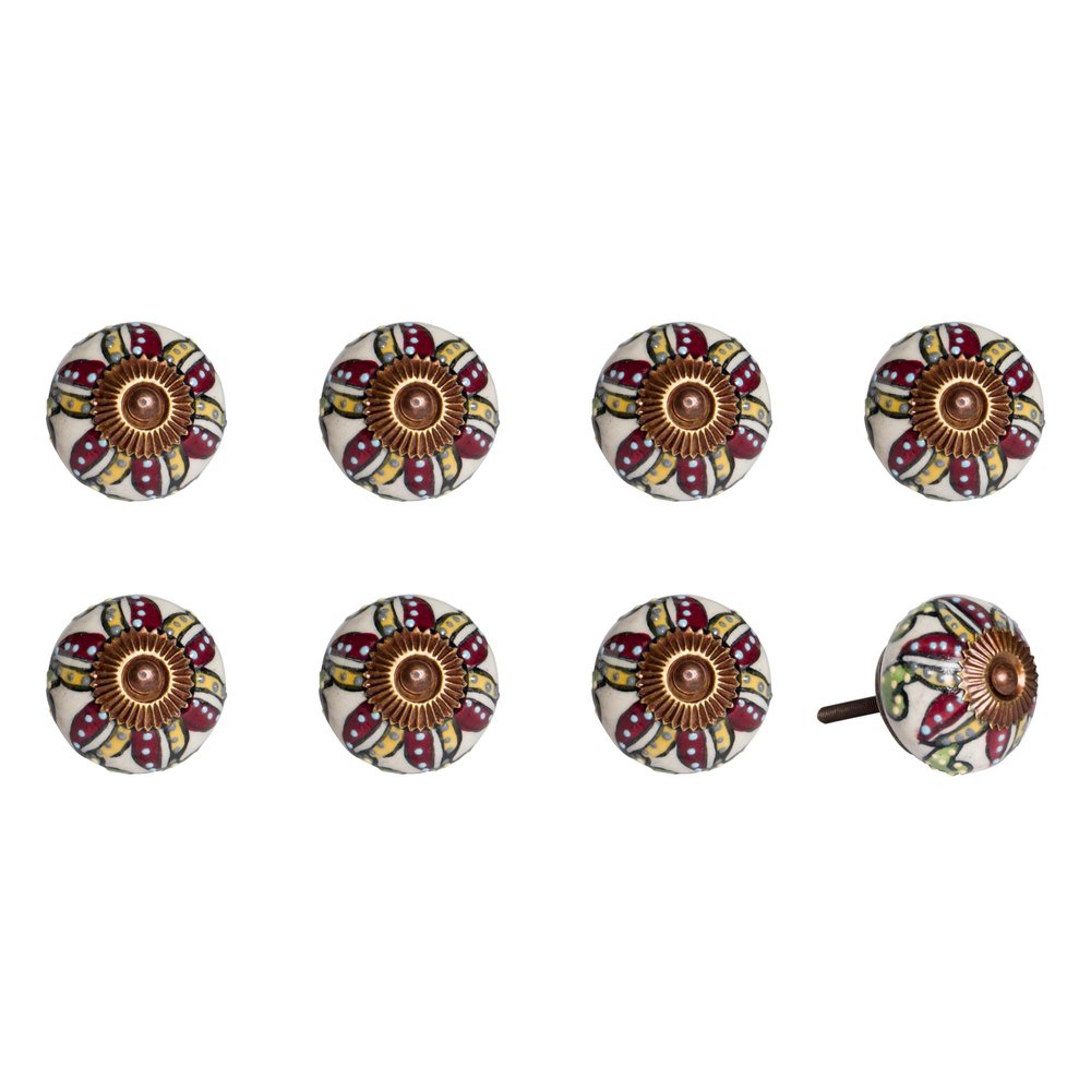 Set of Eight Red And Yellow Botanical Ceramic Drawer Pull Knobs HomeRoots