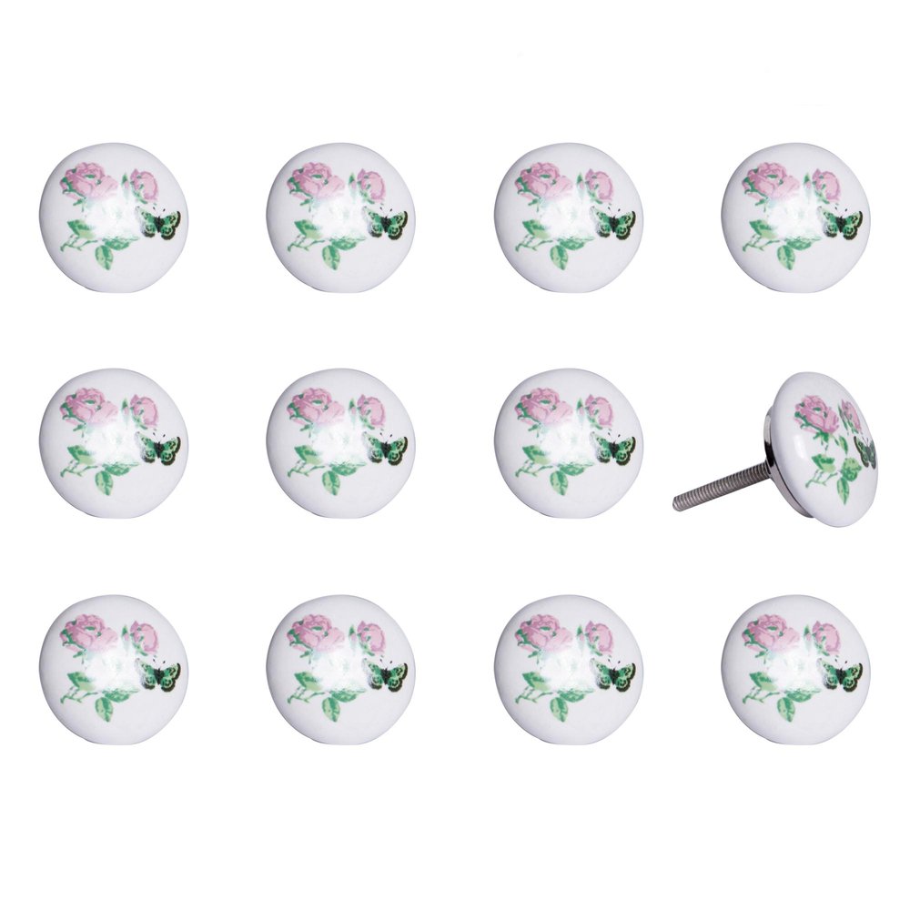 Set of Twelve Pink White And Green Floral Ceramic Drawer Pull Knobs HomeRoots