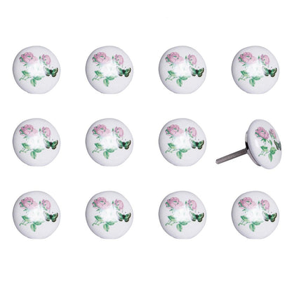 Set of Twelve Pink White And Green Floral Ceramic Drawer Pull Knobs HomeRoots