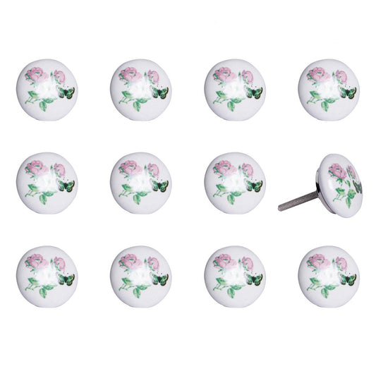 Set of Twelve Pink White And Green Floral Ceramic Drawer Pull Knobs HomeRoots