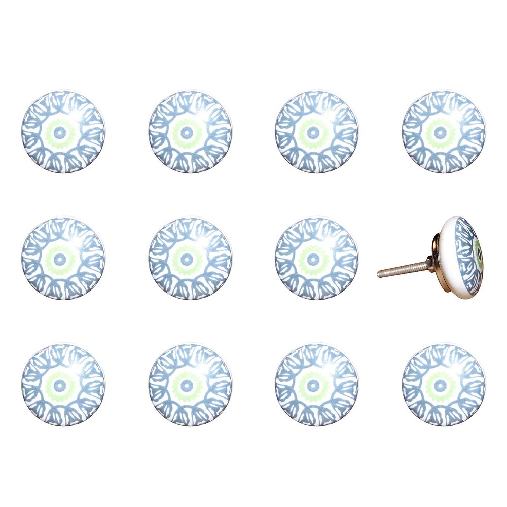 Set of Twelve White And Light Blue Metal And Ceramic Drawer Pull Knobs HomeRoots