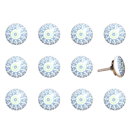 Set of Twelve White And Light Blue Metal And Ceramic Drawer Pull Knobs HomeRoots