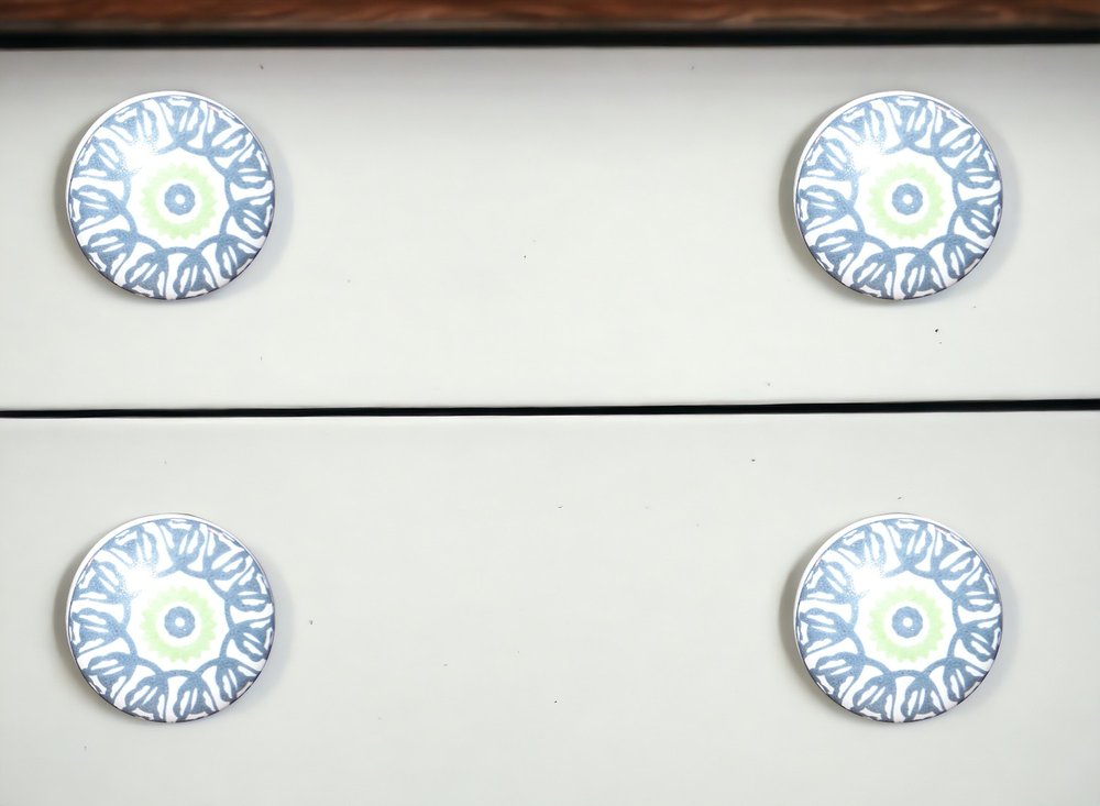 Set of Twelve White And Light Blue Metal And Ceramic Drawer Pull Knobs HomeRoots